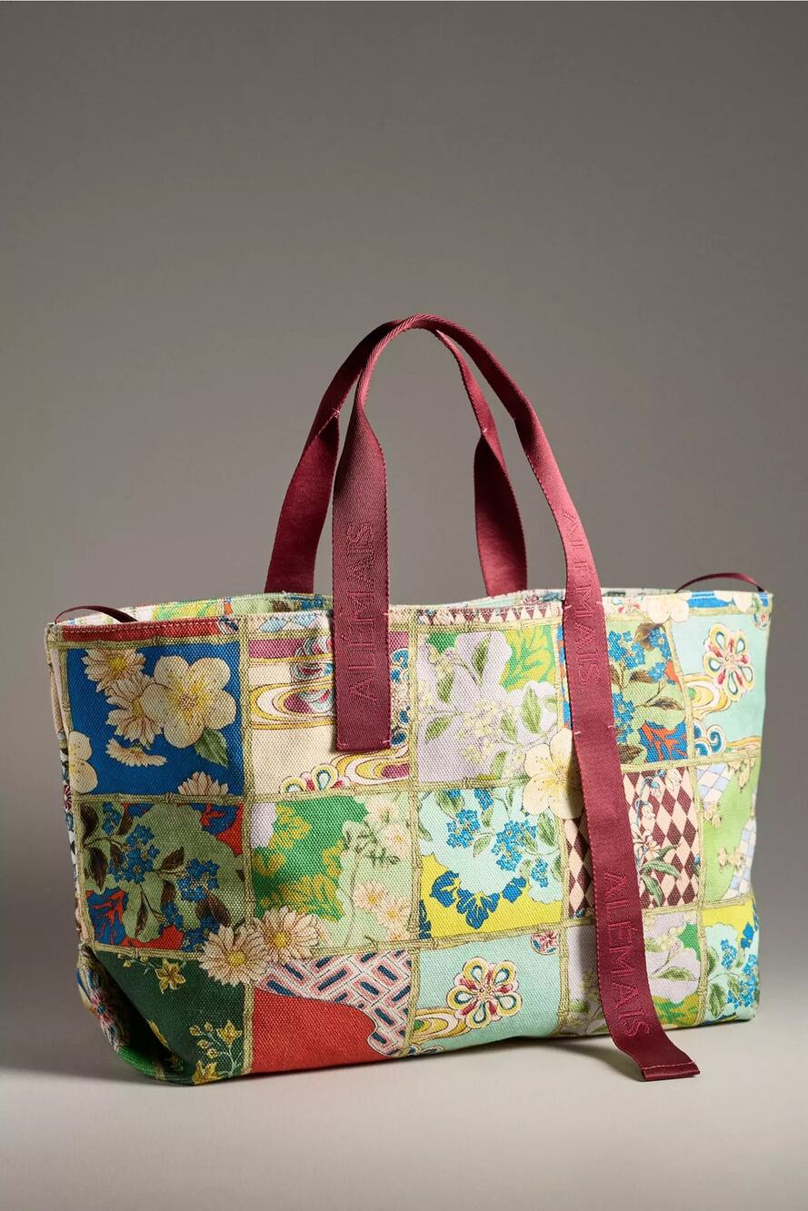 nwt ALEMAIS x ANTHROPOLOGIE Bianca Beach Tote in patchwork burgundy